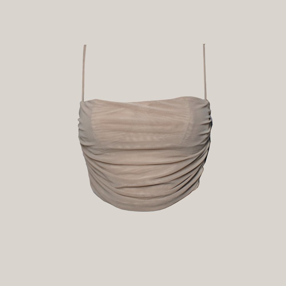 ShopMonteza Cairo sand crop top mesh taupe strappy ruched